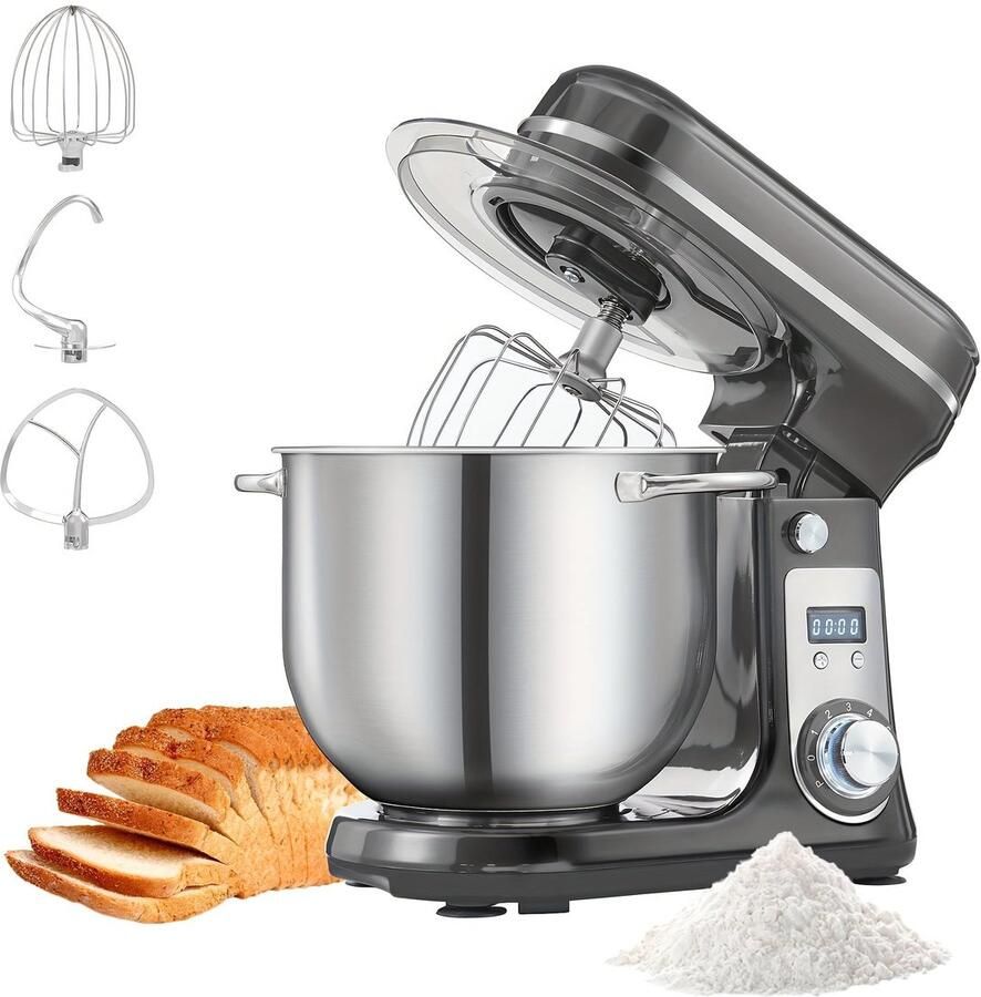 Corenia Keukenmixer – Keukenmachine – Keukenrobot – Mixer – Standmixer – 6L Mengkom – 1200W DC Stil Motor – 6 Snelheden met LCD Timer