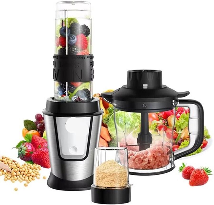 Corenia Multifunctionele Keukenmachine 3-in-1 Foodprocessor Blender 700W Smoothie Maker Hakmolen Droogmolen Roestvrij Staal BPA-vrije Fles 24.000 RPM