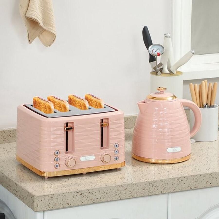 Corenia Ontbijtpakket Waterkoker – Broodrooster – Toaster – Kettle – 2-in-1 Set – Roze – 7 Bruiningsstanden – Ontdooien en Opwarmen