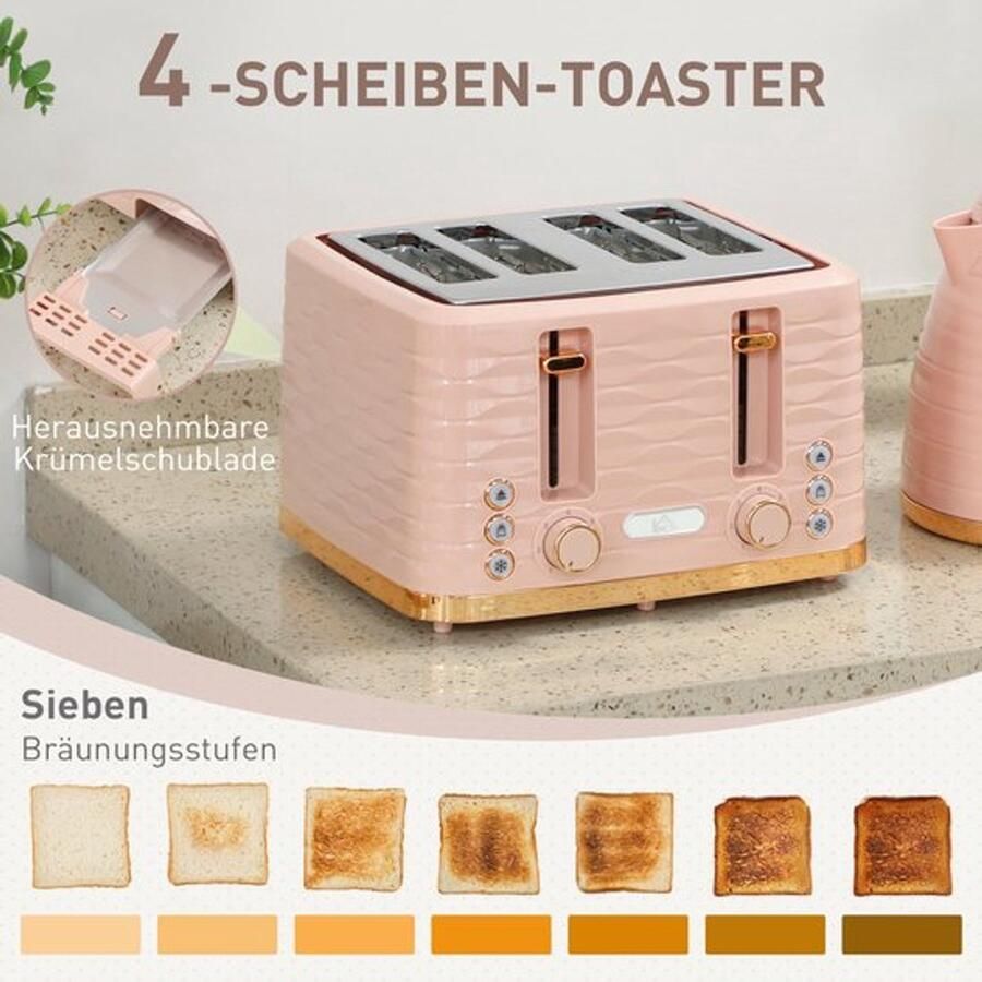 Corenia Ontbijtpakket Waterkoker – Broodrooster – Toaster – Kettle – 2-in-1 Set – Roze – 7 Bruiningsstanden – Ontdooien en Opwarmen - Foto 5