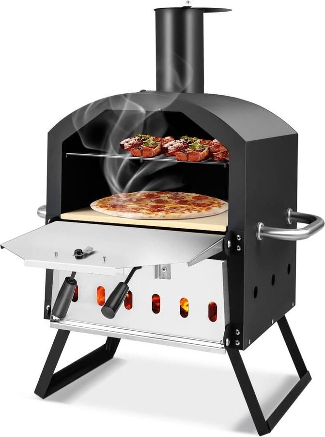 Corenia Pizzaoven – Buitenoven – Houtgestookte Oven – Mobiele Pizzaoven – Barbecue Oven – 2-Lagen Design Voor 2 Pizza s Tegelijk – Inclusief Pizzasteen & Waterdichte Oxford Hoes
