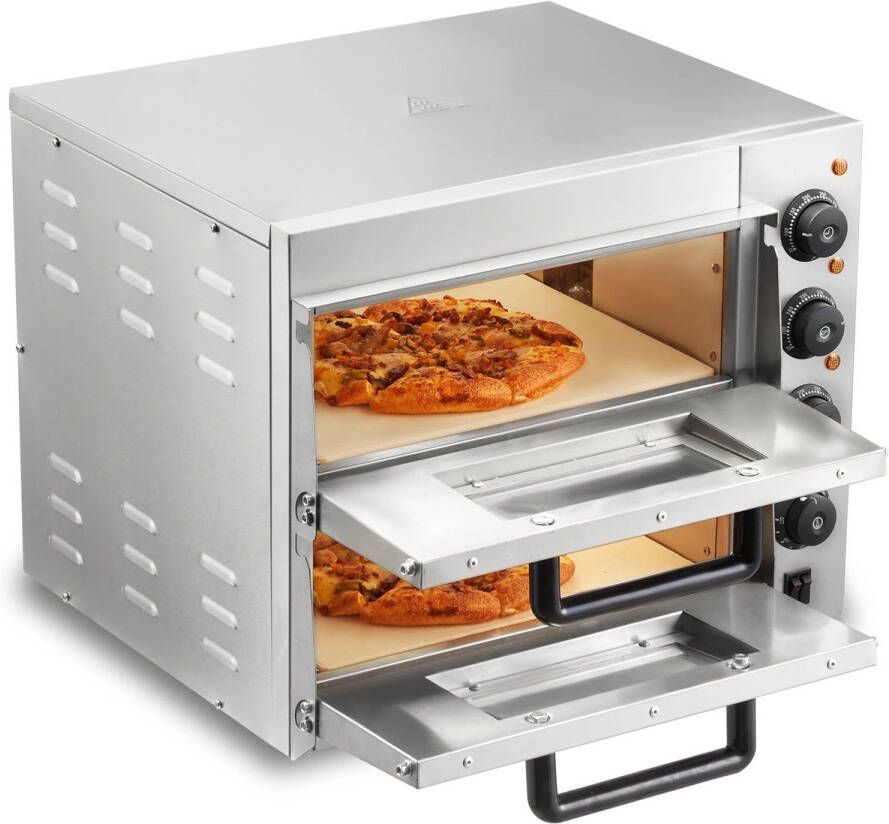 Corenia Pizzaoven Elektrische Pizzaoven Multifunctionele Pizzamaker Dubbeldekslaag met Handvat Steen 14inch 52 x 43 x 43 cm Zilver