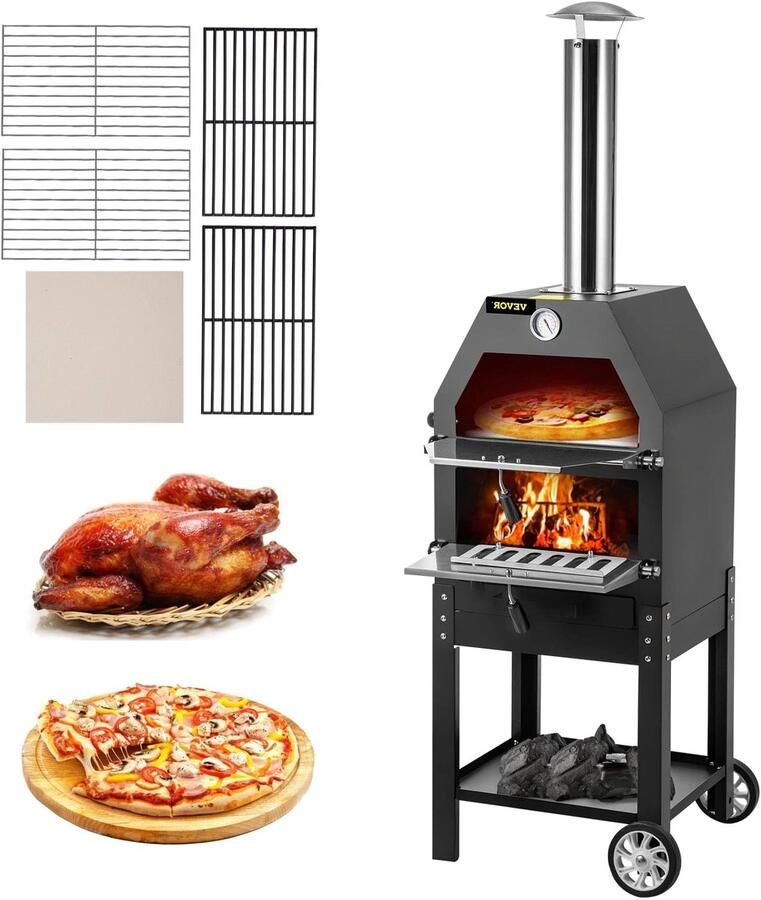 Corenia Pizzaovens Pizzaoven Buiten Pizzaoven Houtgestookt Pizzarette Pizza Maker 12” 2-laags Pizzaoven met 2 Afneembare Wielen