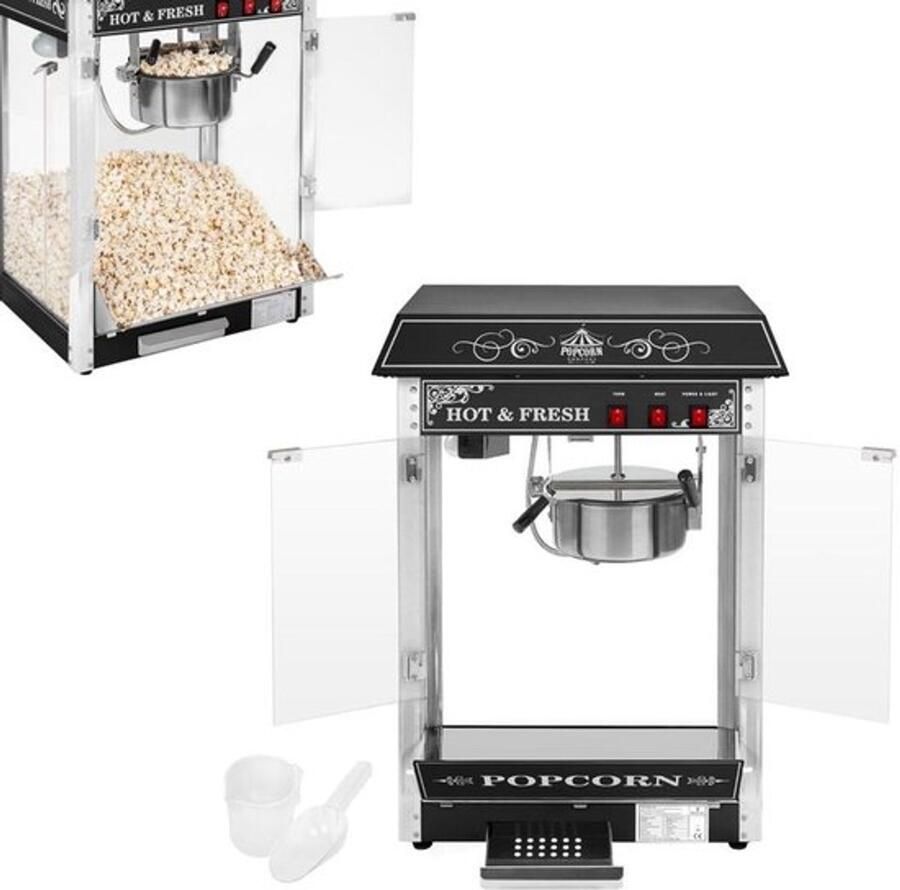 Corenia Popcornmachine – Popcornmaker – Popcornpan – Popcornpopper – Maispopper – 1600W Vermogen – Verlichte Glazen Kast