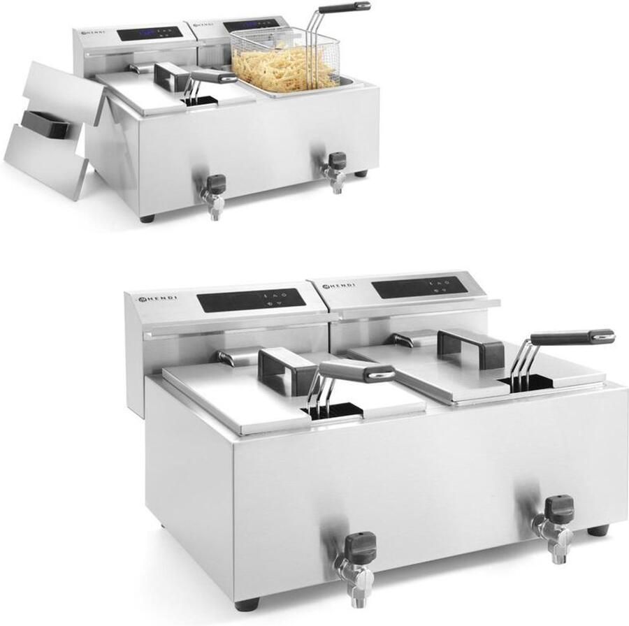 Corenia Professionele Frituurpan – Dubbele Friteuse – Elektrische Frituurpan – Digitale Friteuse – Horecafrituurn Pan – 2 x 8 Liter Inhoud – 7000 Watt Met Tapkraan