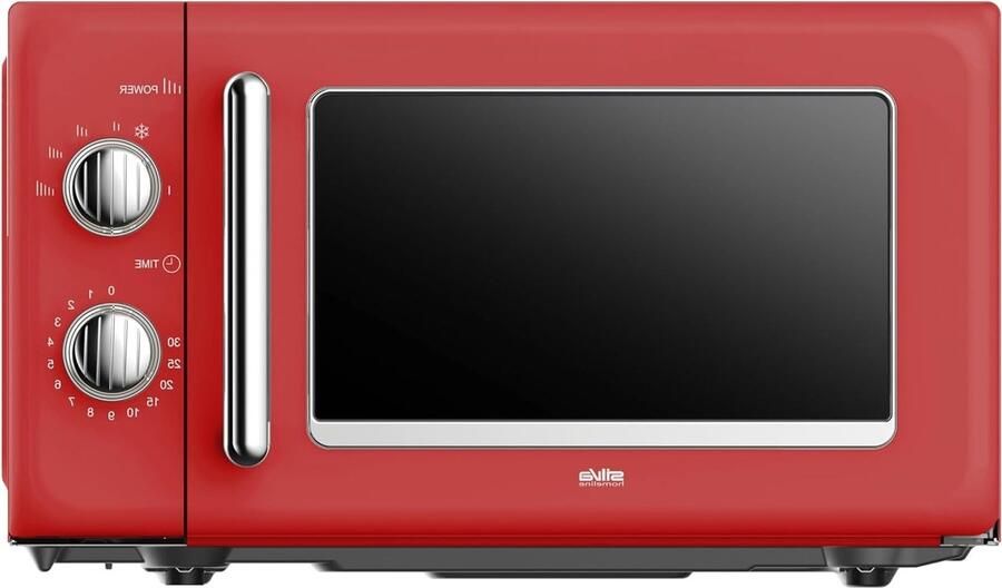 Corenia Retro Magnetron – Compacte Magnetron – Vintage Magnetron – Keuken Magnetron – Elektrische Magnetron – 20 Liter Inhoud – 700 Watt Vermogen – 6 Stands – Timer Met Eindsignaal – Rood Met Verchroomde Knoppen