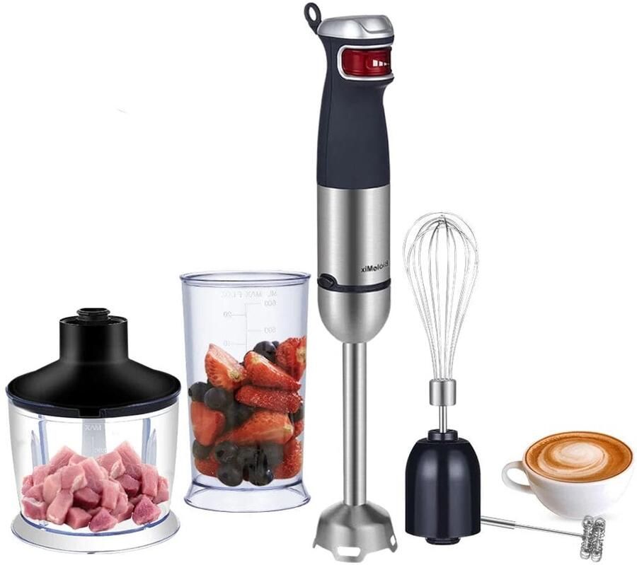 Corenia Staafmixer 1200W Handblender Blender 5-in-1 Functionaliteit RVS Messen Traploze Snelheid Inclusief Hakmolen RVS 4-blads Messen Foodprocessor