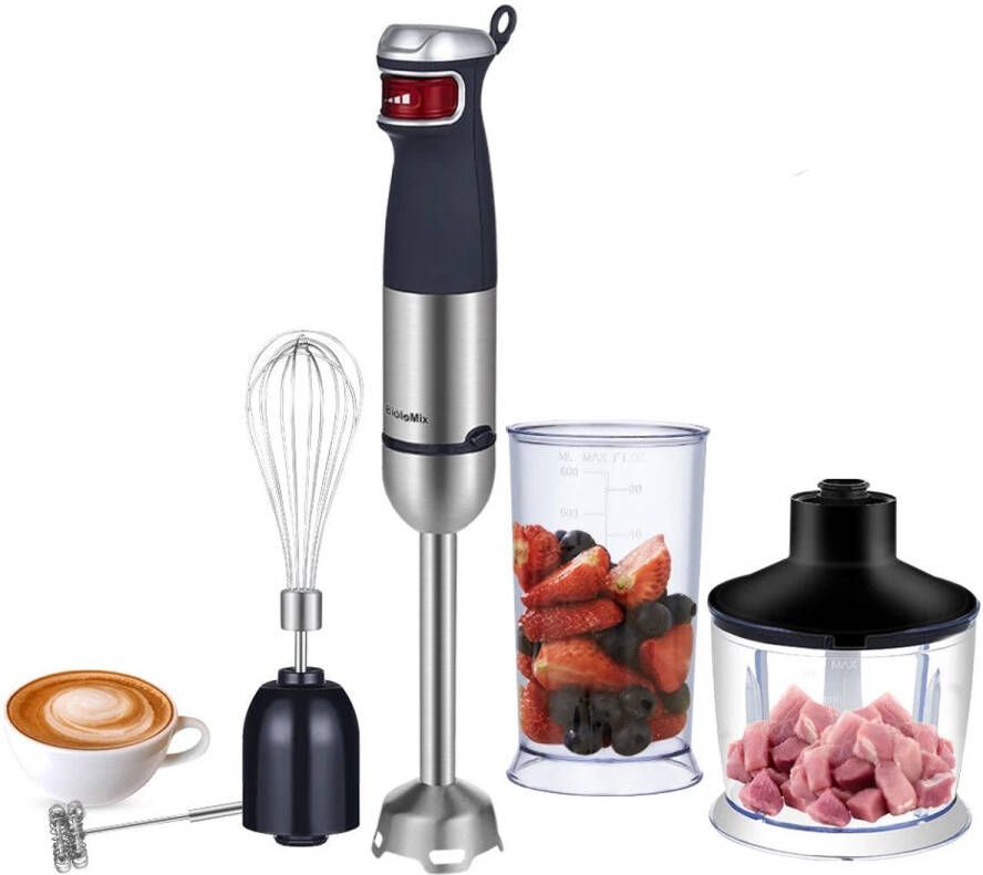 Corenia Staafmixer 1200W Handblender Blender Foodprocessor RVS Messen 5-in-1 Functionaliteit Traploze Snelheid Inclusief Hakmolen RVS 4-blads Messen