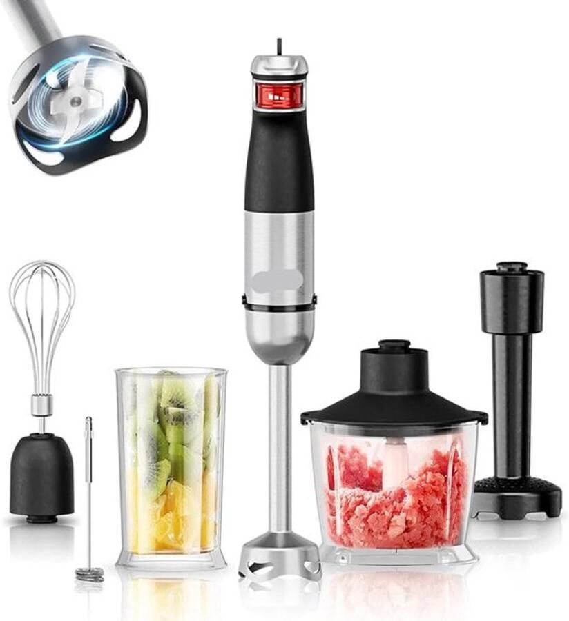 Corenia Staafmixer 6-In-1 1200W Handblender Elektrisch Roestvrijstalen Messen Opzetstukken voor Kloppen Hakken en Pureren Foodprocessor 18 000RPM Zwart