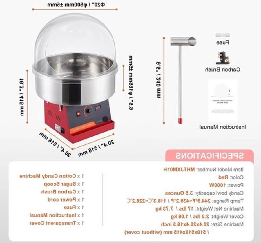 Suikerspinmachine Elektrisch Suikerspinmachines Mini Suikerspin Suikerspinmaker 1000W RVS Kom Instelbare Temperatuur Suikerschep Inclusief – Voor Feest Kermis & Evenementen Rood met Hoes