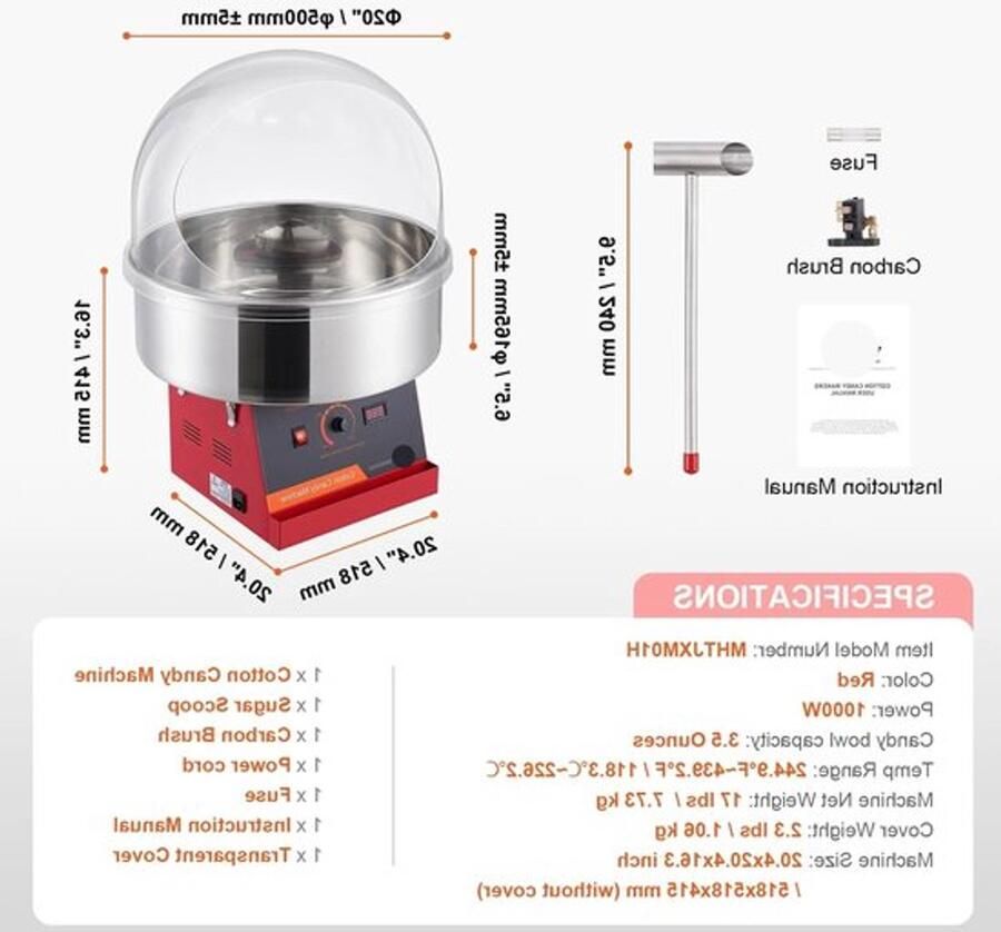 Suikerspinmachine Elektrisch Suikerspinmachines Mini Suikerspin Suikerspinmaker 1000W RVS Kom Instelbare Temperatuur Suikerschep Inclusief – Voor Feest Kermis & Evenementen Rood met Hoes