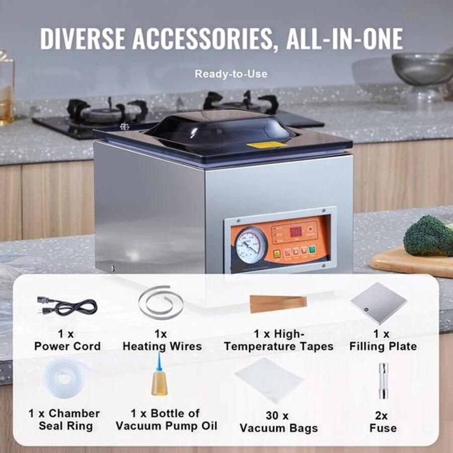 Corenia Vacumeermachine Vacuümverpakkingsmachine Vacuümmachines Kamermodel Vacuümsealer met 260W Vermogen en 26 cm Seallengte Commerciële Foodsaver Seal Apparaat voor Nat Voedsel en Vlees