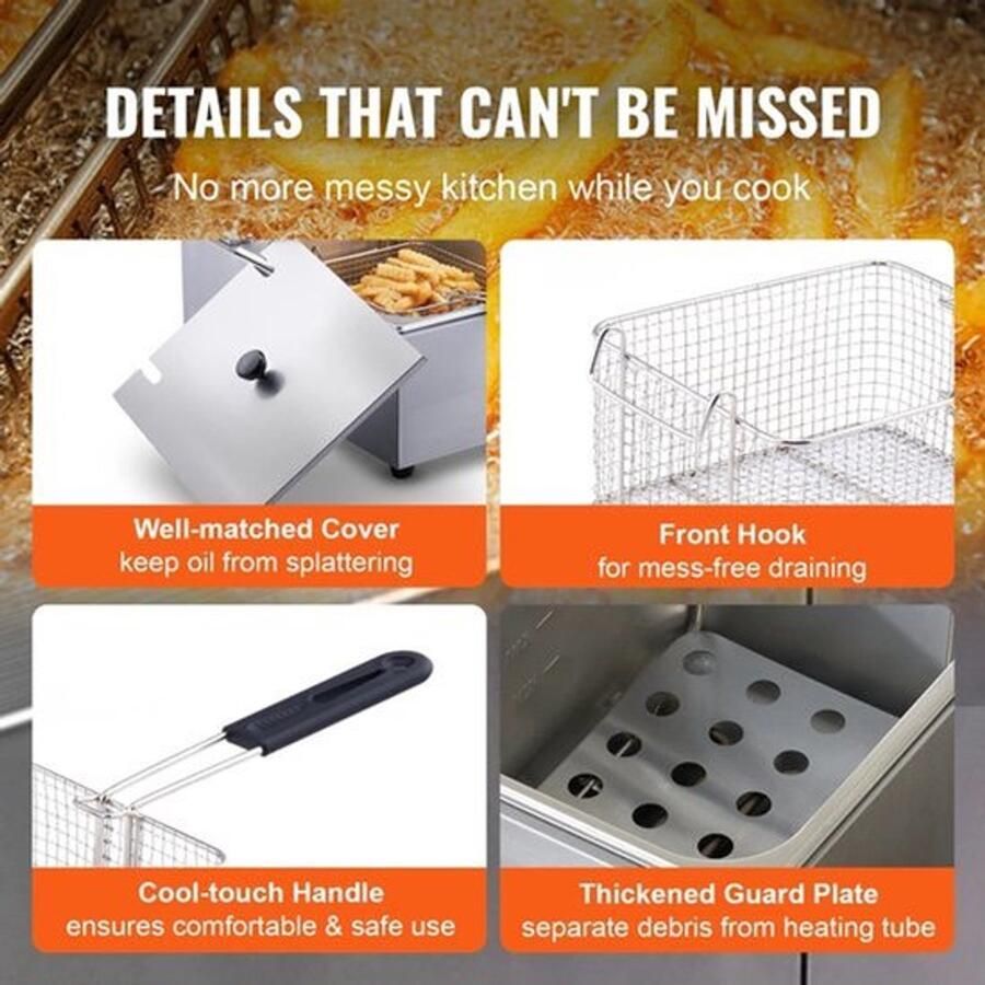 Corenia Vevor Frituurpan Dubbele tanks Commerciële elektrische frituurpan voor op het aanrecht Zonder timing en filter 3000W 220V Roestvrij staal Zilver