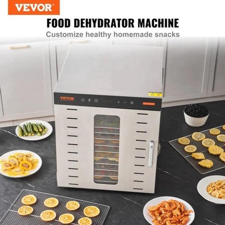 Corenia Vevor Voedseldroger Droogoven Fruitdroger 10 Schalen 220V 800W Vlees Gedehydrateerd Droogmachine met Digitale Timer Zilver