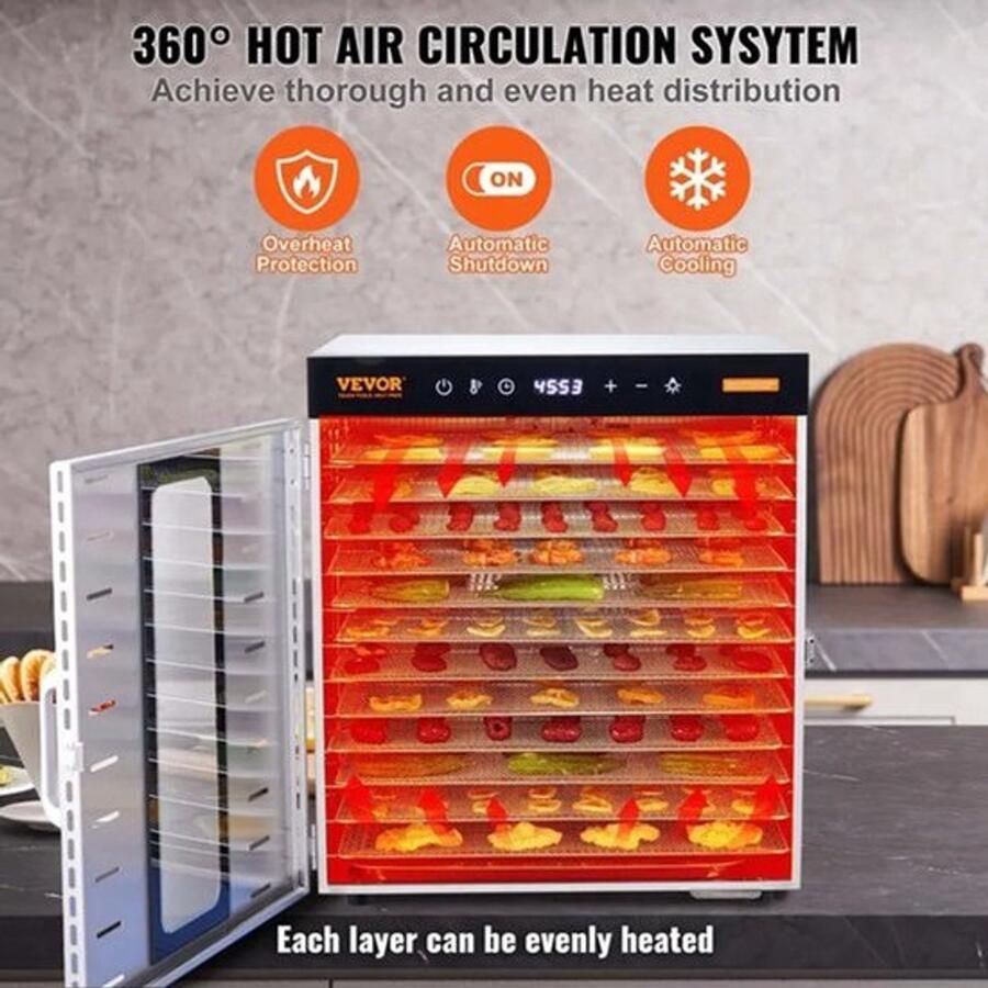 Corenia Vevor Voedseldroger Droogoven Fruitdroger 10 Schalen 220V 800W Vlees Gedehydrateerd Droogmachine met Digitale Timer Zilver