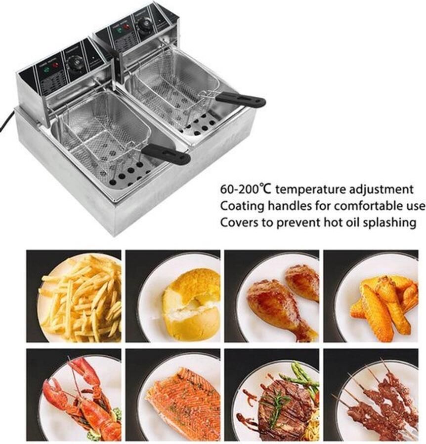 Corenia Vgeby Frituurpan Dubbele tanks Commerciële Elektrische Frituurpan Instelbare Temperatuur 500W 220V Zilver