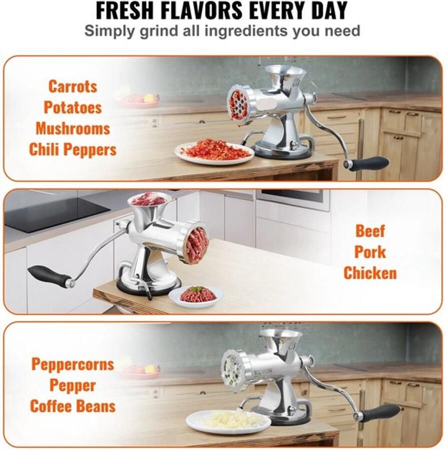 Corenia Vleesmolen Foodprocessor Keukenmachines Handmatige Grinder Gehaktmolen van 304 Roestvrij Staal met zuignap en Stalen Tafelklem