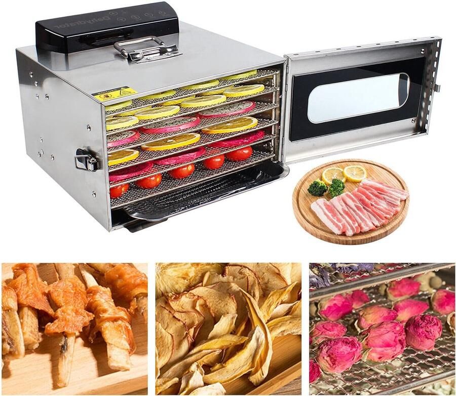 Corenia Voedseldroger RVS – Voedselontwateraar – Fruitdroger – Groentedroger – Drogenmachine – 6 Compartimenten – 400 Watt Motor – Temperatuurregelaar 30-90 °C – LCD Display – Timer 30 Min-24 Uur
