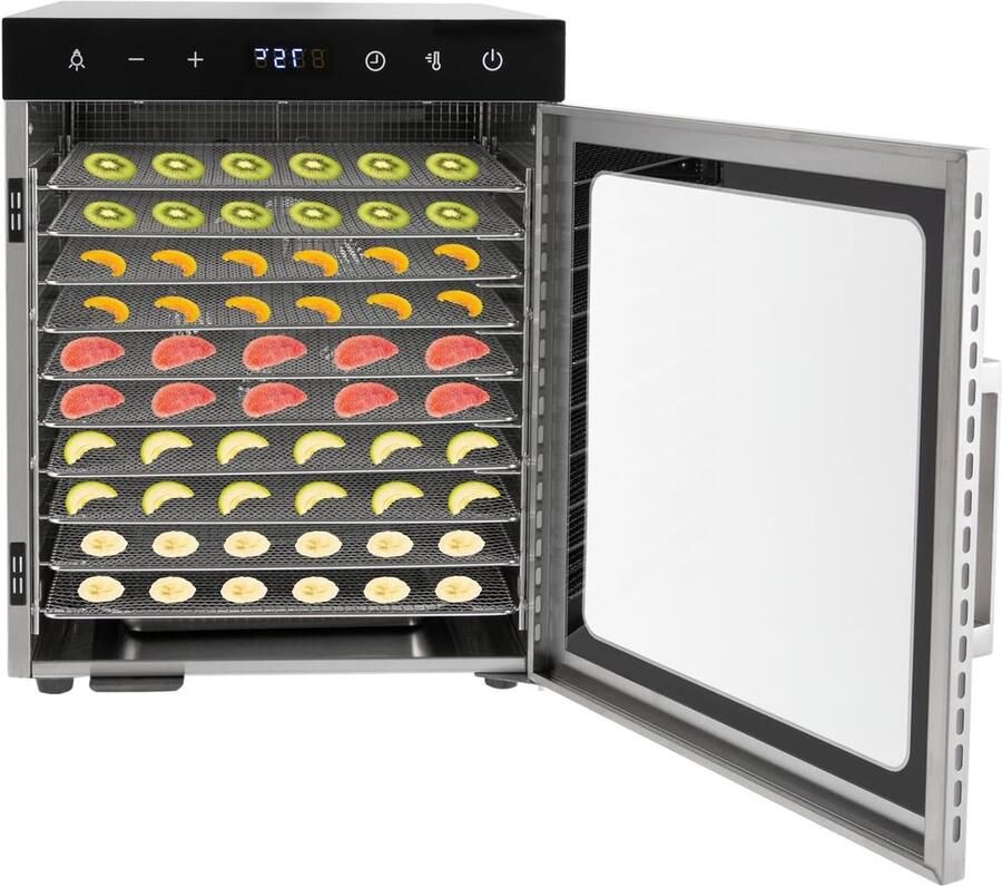 Corenia Voedseldroger – Voedselontvochter – Droogmachine – Fruitdroger – Vleessnijder – RVS 304 201 – 800W Vermogen – 10 Trays Instelbare Temperatuur 30-90°C