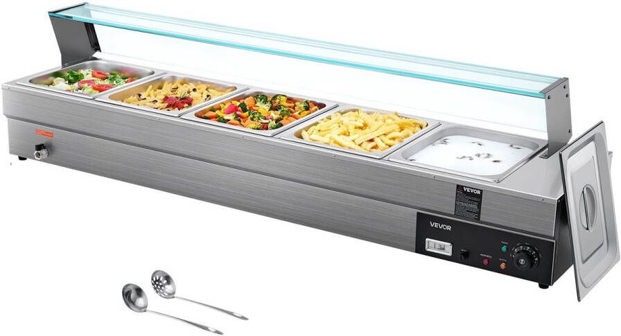 Corenia Voedselwarmer – Warmhoudplaat – Buffetwarmer – Bain-Marie – Chafing Dish – 5 Pannen 7 6L – Roestvrij Staal met Glazen Afdekking