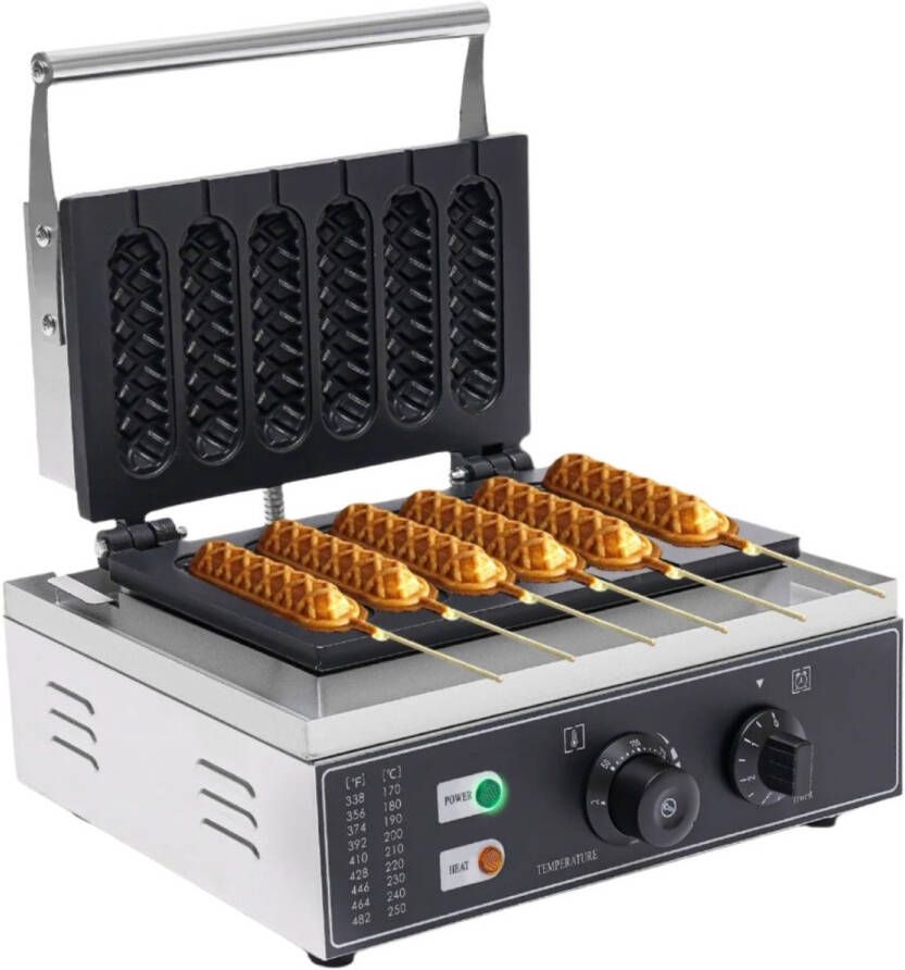 Corenia Wafelijzer Wafelmaker Waffle iron Waffle Machine Regelbare Thermostaat 6 Stuks per Batch 1500W Commerciële Wafel & Hotdog Maker Zilver