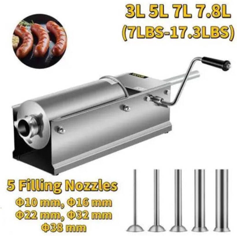Corenia Worstenvuller Worstenmaker Professionele 7L RVS Horizontale Worstenvuller Inclusief 5 Vulmondstukken Worstmachine