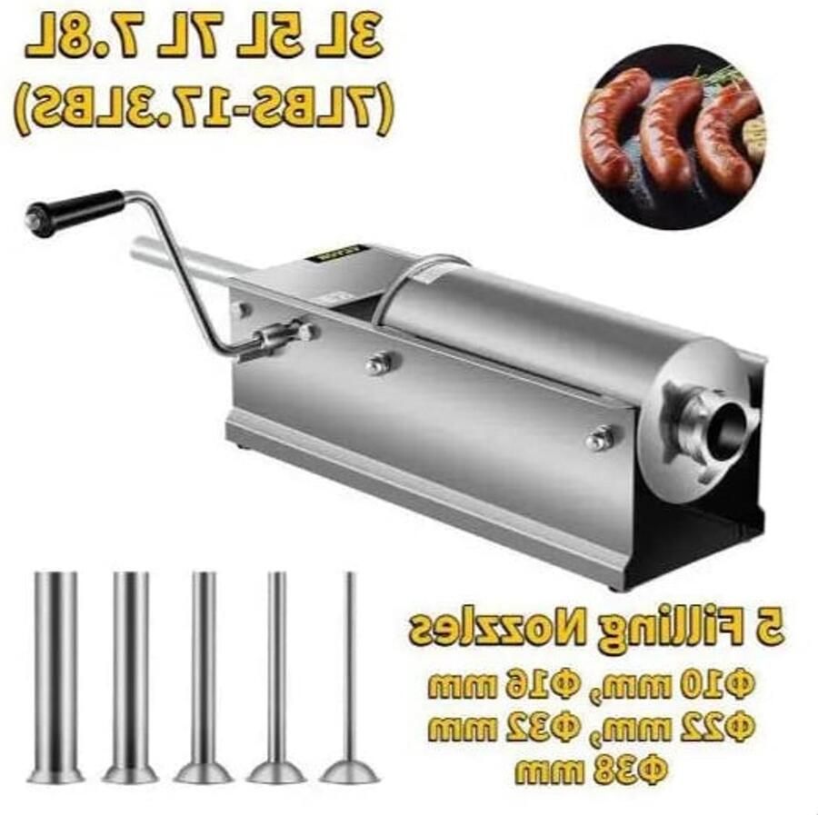 Corenia Worstenvuller – Worstenmaker Worstmachine Professionele 3L RVS Horizontale Worstenvuller – Handmatige Worstmaker – Inclusief 5 Vulmondstukken