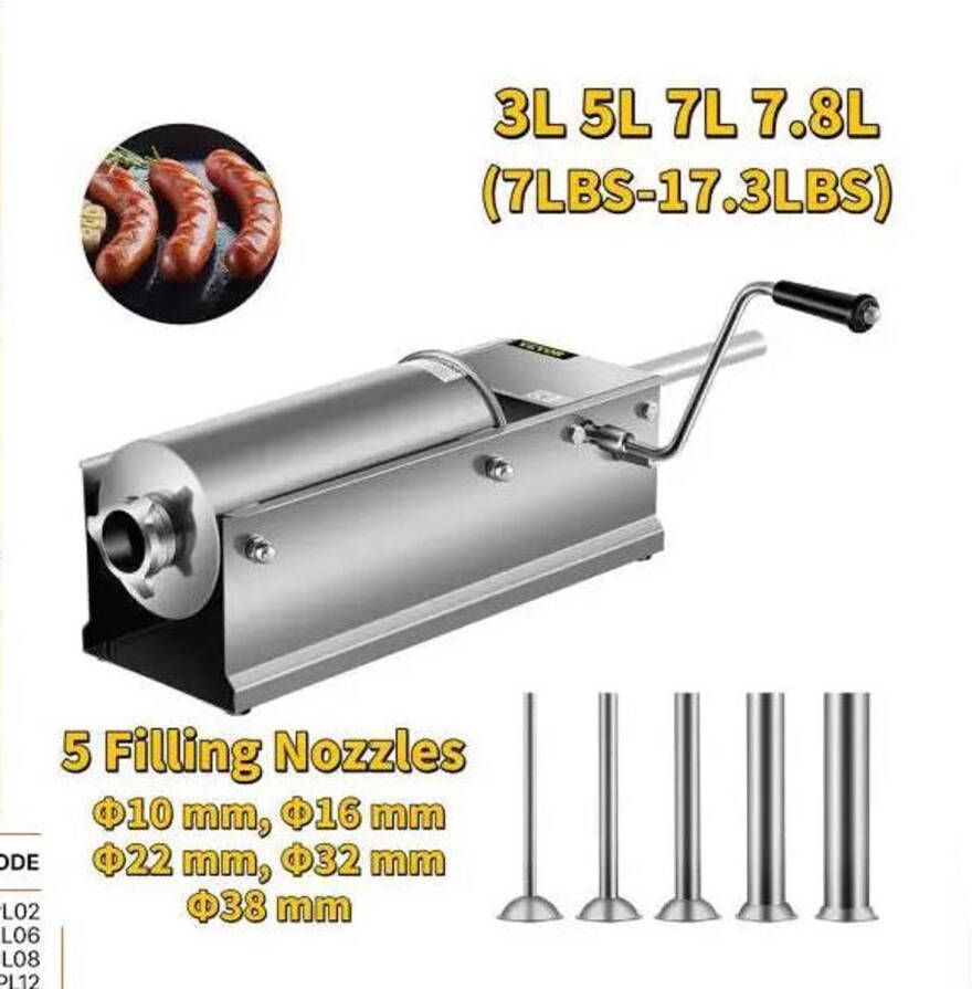 Corenia Worstenvuller Worstenmakerr Handmatige Worstmaker Professionele 5L RVS Horizontale Worstenvulle Inclusief 5 Vulmondstukken Worstmachine