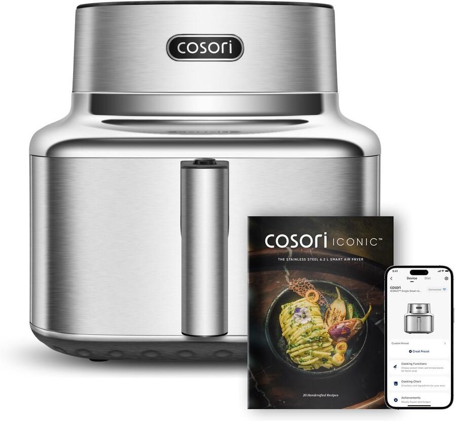 Cosori Iconic Single RVS airfryer 6.2L inhoud Keramische anti aanbaklaag met app ondersteuning