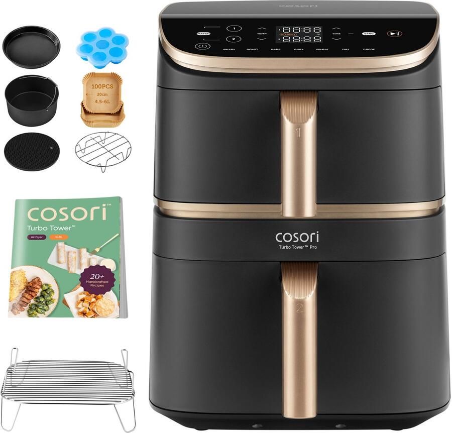 Cosori XXL Airfryer Turbo Tower Pro met accessoire set Keramische coating 10.8 liter inhoud 2 manden apart in te stellen 7 programma's