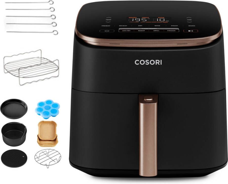 Cosori TurboBlaze Airfryer met Accessoire set XXL Heteluchtfriteuse 6 liter inclusief spiezenrek en 5 spiesjes Rosé Goud Zwart