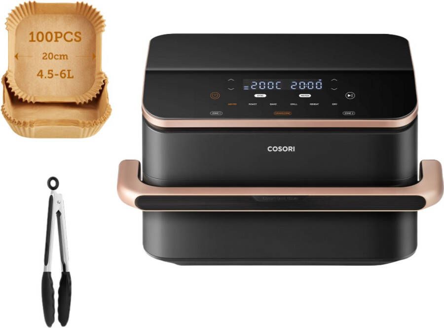 Cosori Twinfry Dubbele Airfryer XXL Heteluchtfriteuse 10 liter Twee kookvakken of 1 MegaZone 6 Programma's Boven- en Onderwarmte Dual Zone Technologie met 100 stuks bakpapier