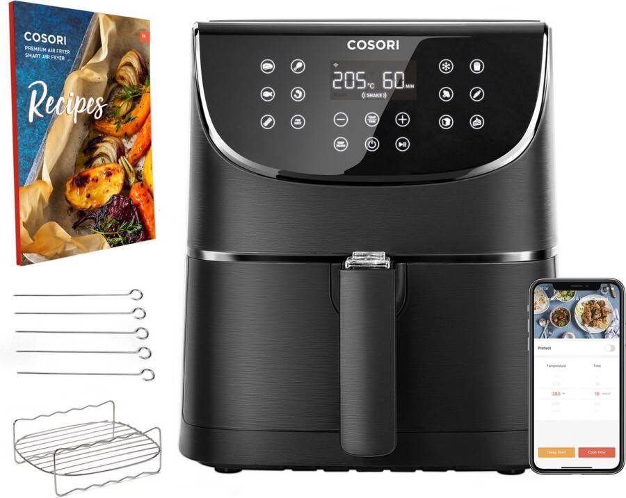 Cosori XL Airfryer Heteluchtfriteuse 5.5 liter Inclusief Spiezenrek en 5 Spiezen met App Connectie – Zwart
