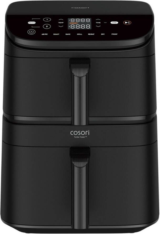 Cosori XXL Airfryer Turbo Tower 10.8 liter inhoud 2 manden apart in te stellen 7 programma's