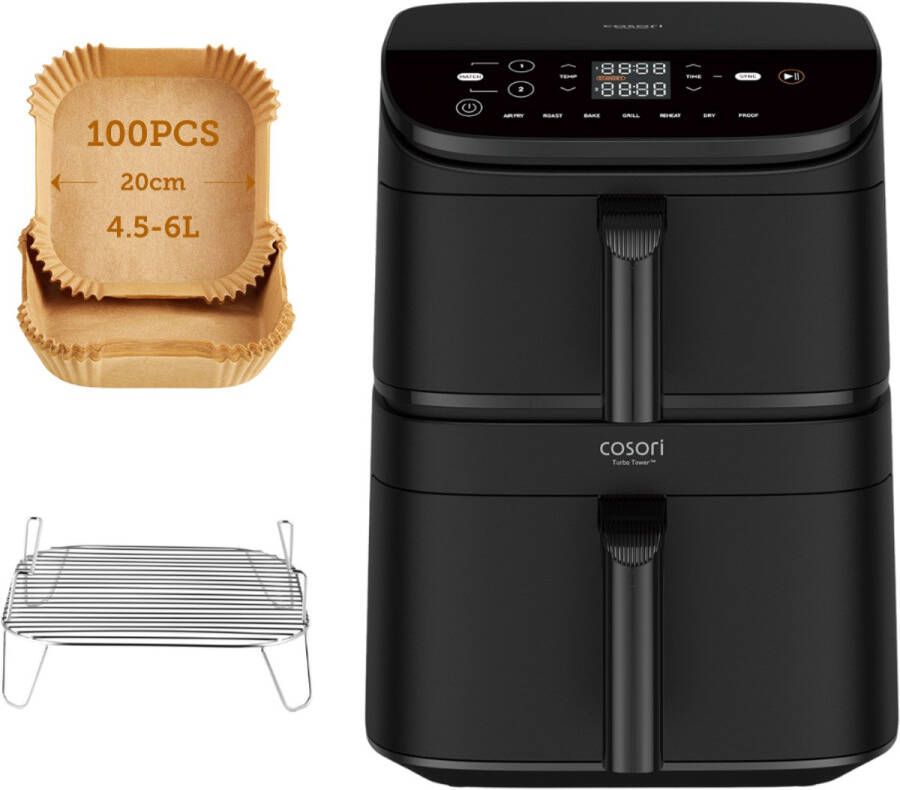 Cosori XXL Airfryer Turbo Tower 10.8 liter inhoud 2 manden apart in te stellen 7 programma's met 100 stuks bakpapier