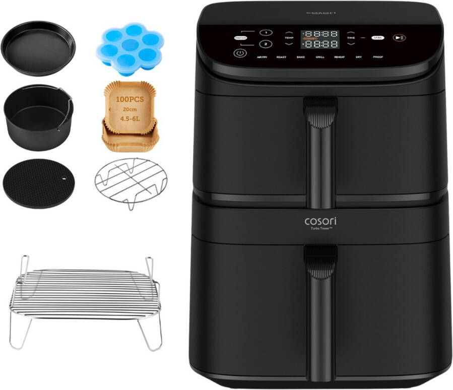 Cosori XXL Airfryer Turbo Tower 10.8 liter inhoud 2 manden apart in te stellen 7 programma's met accessoire set