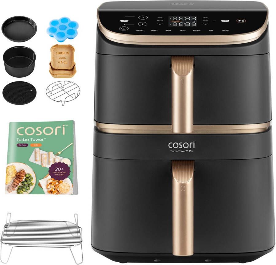 Cosori XXL Airfryer Turbo Tower Pro Keramische coating 10.8 liter inhoud 2 manden apart in te stellen 7 programma's met accessoire set