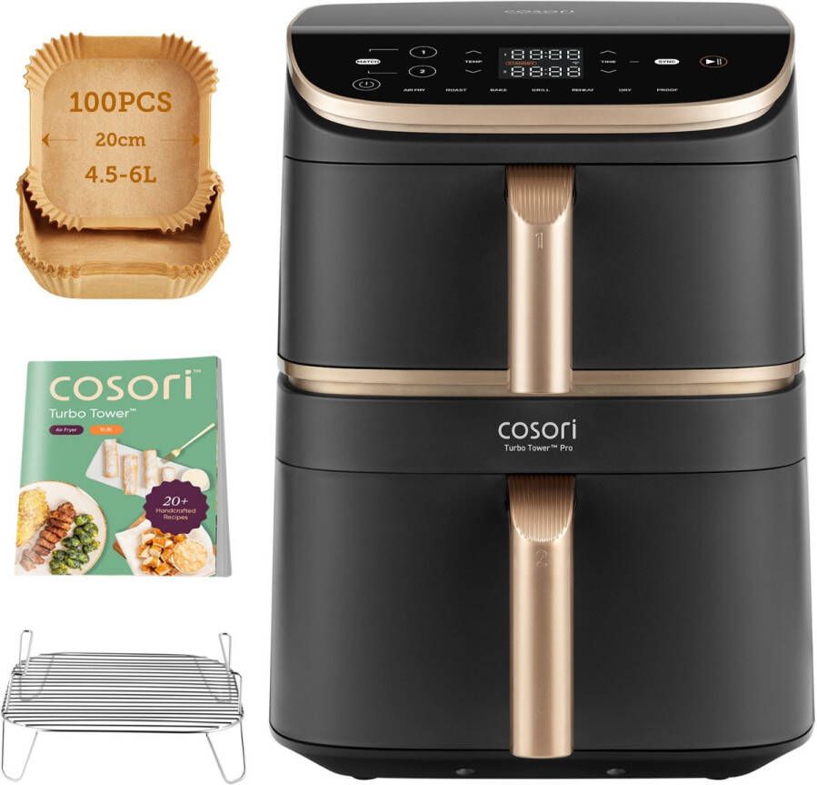 Cosori XXL Airfryer Turbo Tower Pro Keramische coating 10.8 liter inhoud 2 manden apart in te stellen 7 programma's met 100 stuks bakpapier