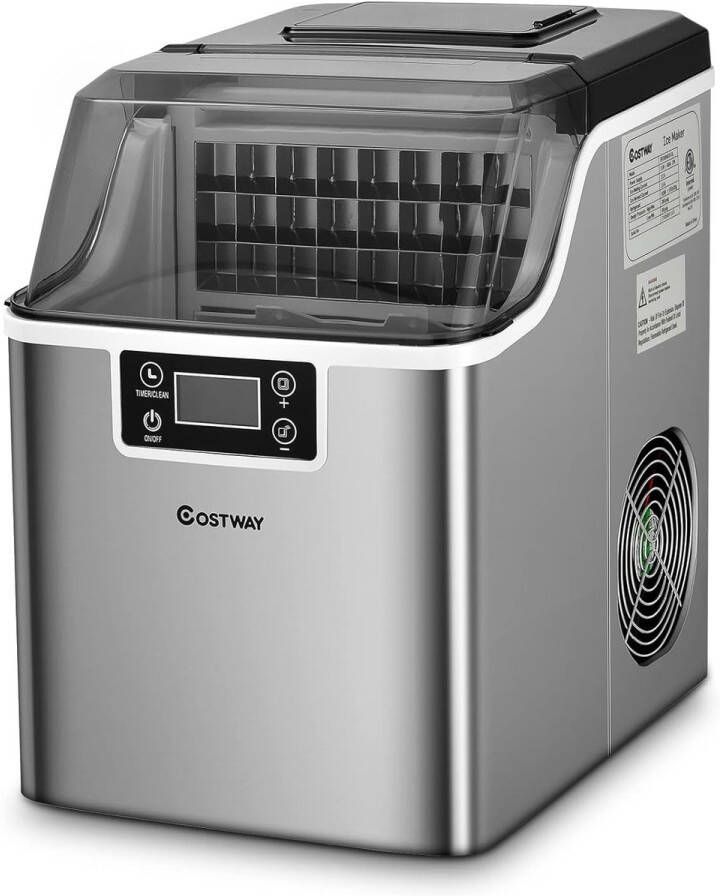 Costway Aanrecht ijsblokjesmachine ijsmaker elektrische ijsmachine met een top inlaatgat automatische zelfreinigende 18KG 24H 24 stuks ijsblokjes 15 mins 3.2L built-in watertank schep ijsmachine voor thuis kantoor (Zilver)