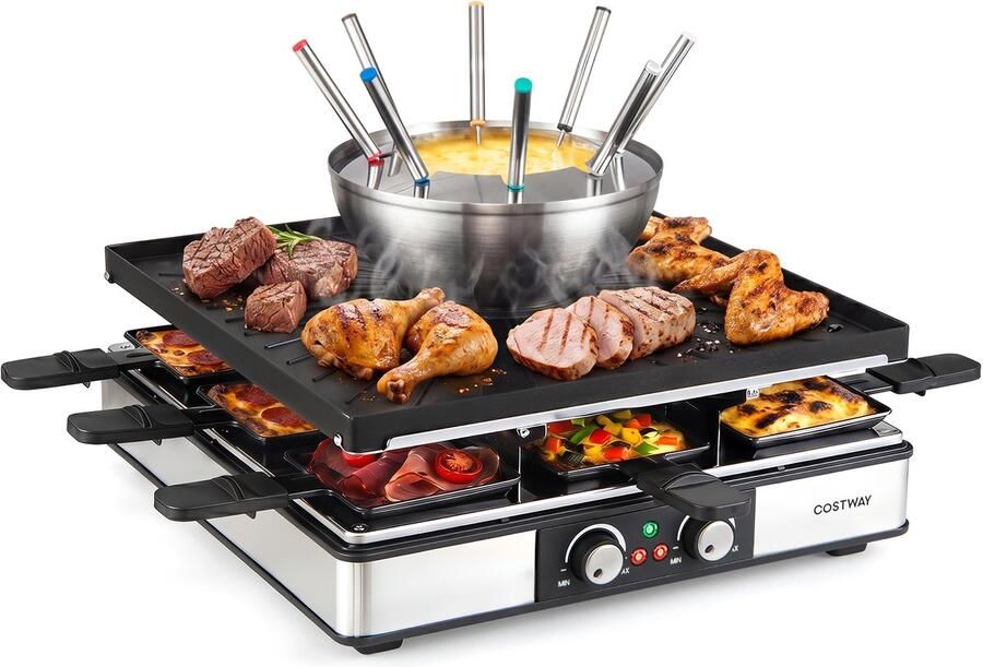 Costway 3-in-1 raclette-grill en fondue 2200 W elektrische grill voor 8 personen Met anti-aanbakplaat en 8 pannen elektrische grill met dubbele thermostaat 8 houten spatels en 8 fonduegaten