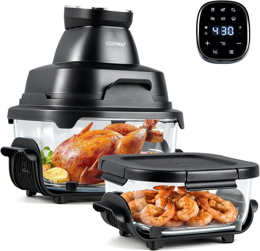 Costway Draagbare Air Fryer heteluchtfriteuse 4 l 1 7 l 6-in-1 Airfryer 1500 W heteluchtfriteuse en bakken heteluchtfriteuse met 2 uitneembare glazen containers en deksel voor camping thuis (zwart)