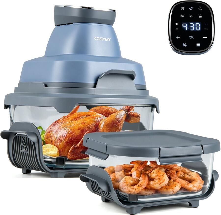 Costway Draagbare Air Fryer heteluchtfriteuse 4 l 1 7 l 6-in-1 Airfryer 1500 W heteluchtfriteuse en bakken heteluchtfriteuse met 2 uitneembare glazen containers en deksel voor camping thuis (blauw)