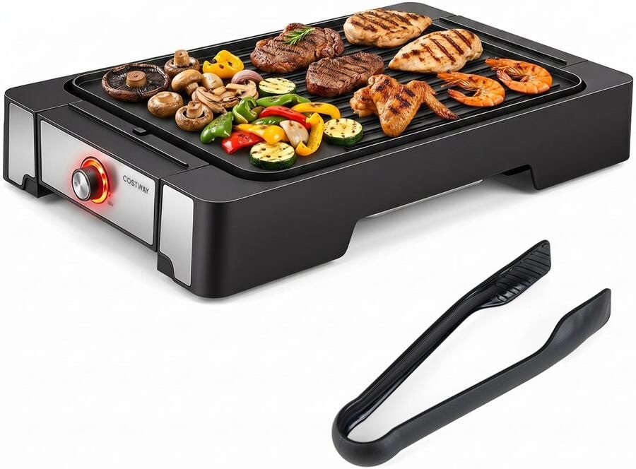 Costway Elektrische Grill 2300W Tafelgrill met Antiaanbakgrillplaat BBQ Grill met 2 Verhittingszones & Vetopvangschaal Elektrische Balkongrill incl. Grilltang voor Kamperen & Balkon 53x31x8 5 cm