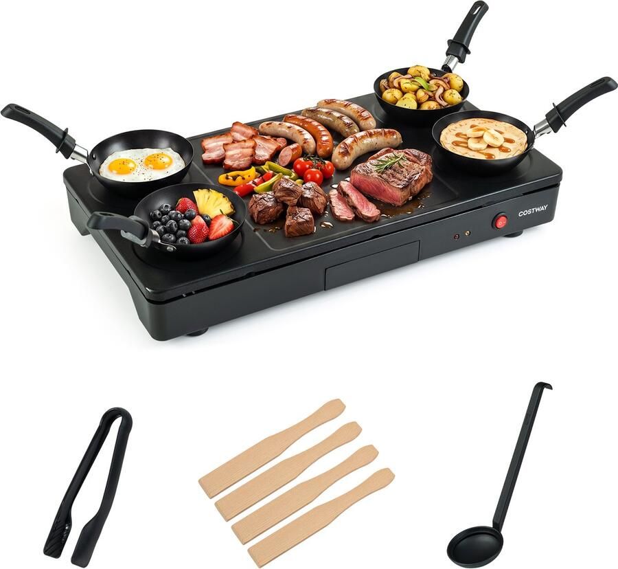 Costway Elektrische Plancha met 4 Mini Woks Antiaanbaklaag Raclette-apparaat Grilltang Lepel Houten Spatels en Vetopvangbak Elektrische Tafelgrill Binnen en Buiten
