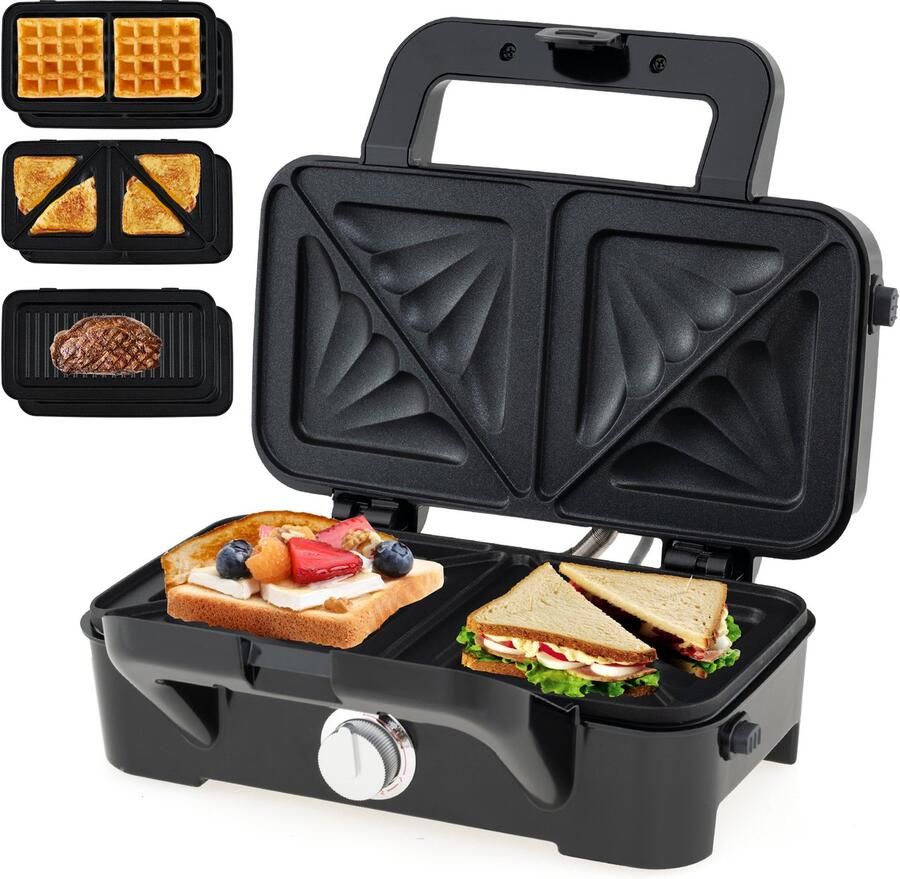 Costway Elektrische sandwichmaker 1200 W 3-in-1 wafelijzer panini-pers en sandwichtoaster draagbare contactgrill met 6 afneembare antiaanbakplaten en 5 temperatuurregelingen