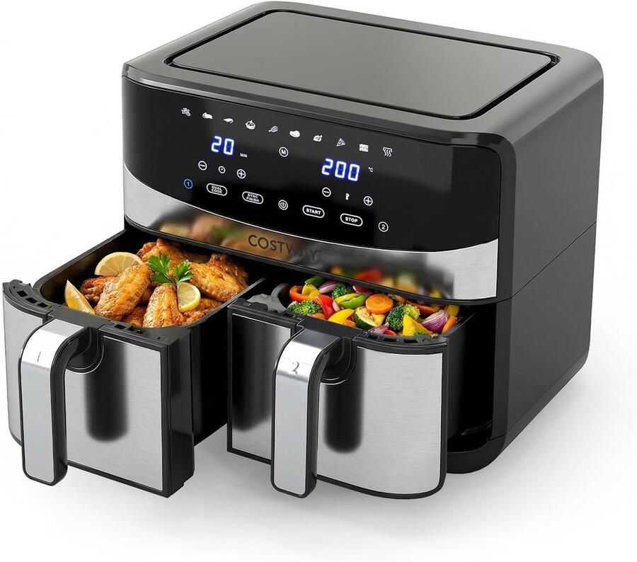 Costway Heteluchtfriteuse 2 kamers Airfryer 8 5 l met kijkvenster Sync Cook & Match Finish digitaal touchscreen en 360° hete lucht 2100 W vaatwasmachinebestendig