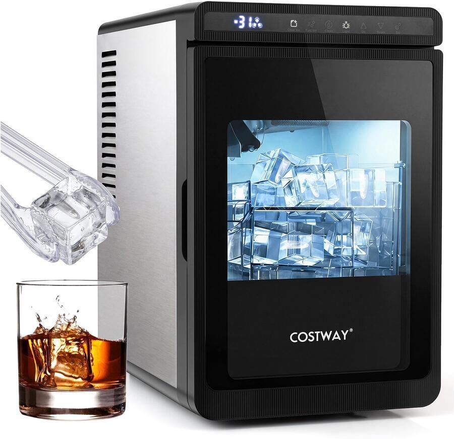 Costway IJsklontjesmachine IJsmachine 3 stuks in 20 minuten met 2 modi 24-uurs timer & reinigingsmodus 4 cm vierkante ijsklontjes langzaam smeltend voor whisky cocktails bourbon