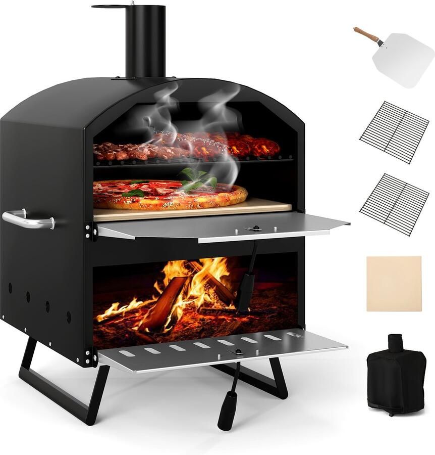 Costway Outdoor pizzaoven 2-laags pizzaoven met grillrooster pizzaschep vierkante steen waterdichte afdekking draagbare brander houtkachel voor picknick BBQ-party camping