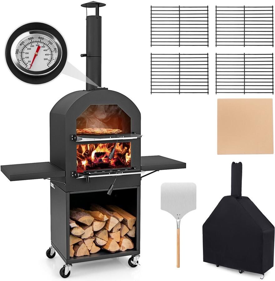 Costway Outdoor pizzaoven houtgestookte pizzaoven met wielen afdekking 30 5 cm pizzasteen pizzaschep grillrooster thermometer houtoven met opbergruimte voor BBQ camping [Energieklasse A+]