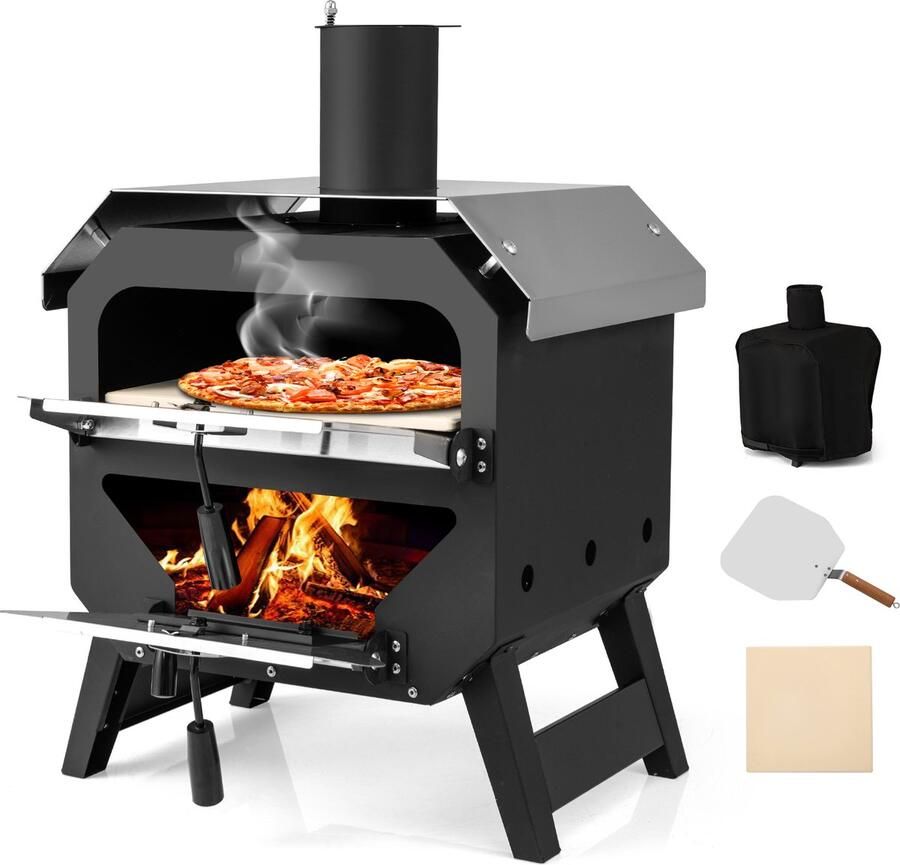 Costway Outdoor Pizzaoven Pizza Oven met Pizzaschep Pizzasteen waterdichte afdekking roestvrijstalen dak & hittebestendige handgrepen draagbare brandoven houtoven voor picknick BBQ-feest